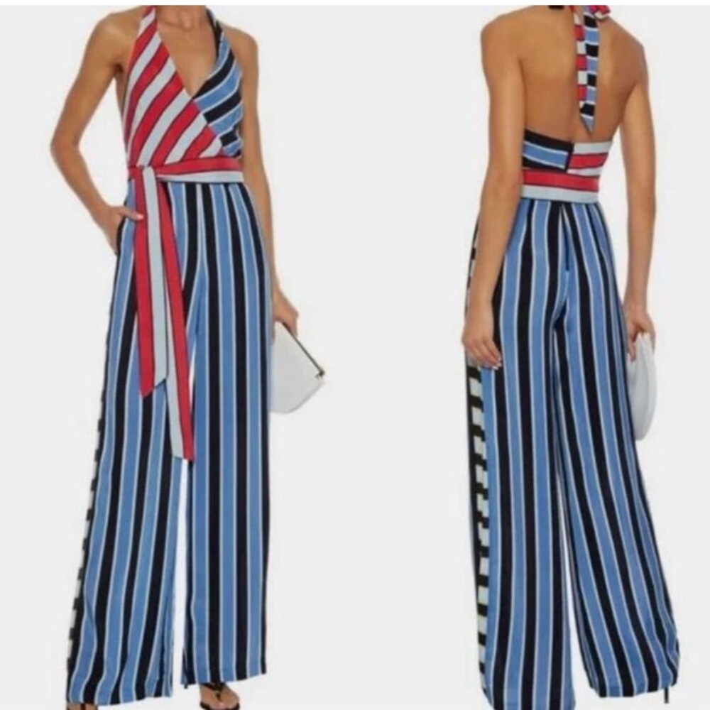 Alice + Olivia Red and Blue Striped Jumpsuit with Halter Top